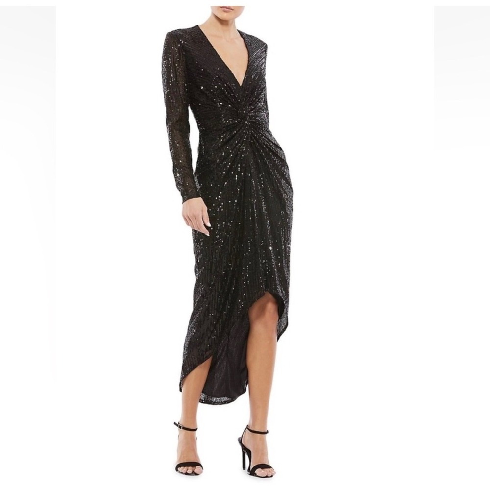 NWT Mac Duggal 26549 Sequined High Low Front‎ Twist Midi Dress Black Sz 6 $358